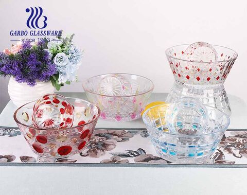 New pattern engraved design spraying color glass salad bowl set with customized color box packing
