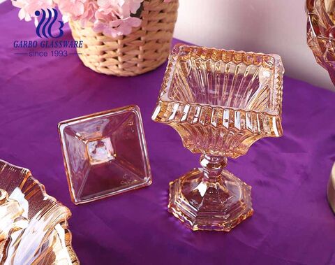 4.2 square amber color footed glass fruit bowl candy jar for home restaurant using