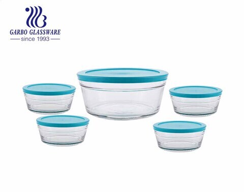 Five pieces glass fruit fresh bowl set food canister with blue lid 1 big size 4 small size for kitchen refrigerator use