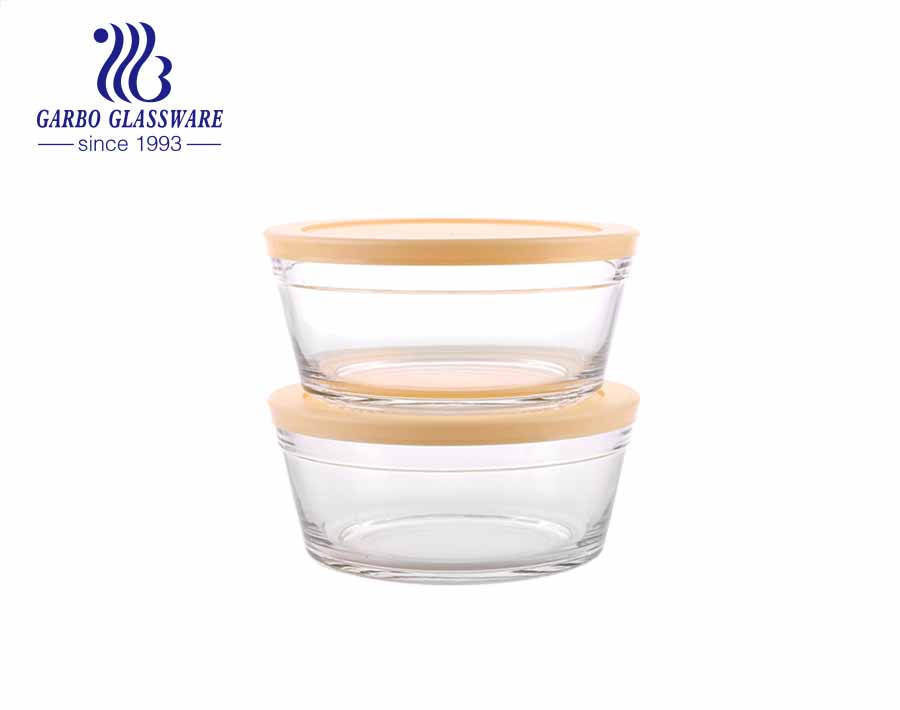 Five pieces glass fruit fresh bowl set food canister with blue lid 1 big size 4 small size for kitchen refrigerator use
