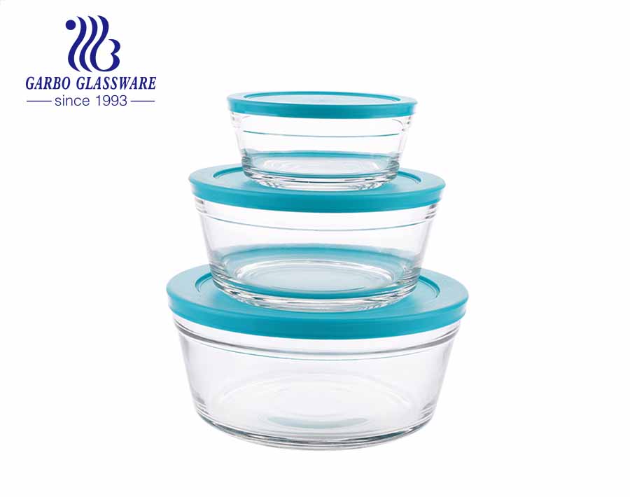 Five pieces glass fruit fresh bowl set food canister with blue lid 1 big size 4 small size for kitchen refrigerator use