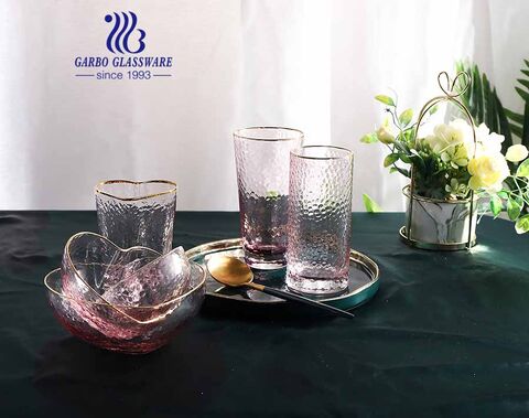 Handmade cherry pink hammer pattern heart shape glass water drinking cups glass bowl with golden rim glassware set for wedding party dinner