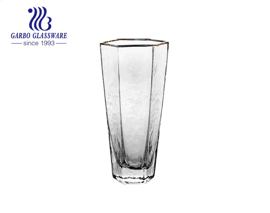 Luxus handgefertigte geblasene Glasbecher getönte Farbe sechseckigen Highball Glasbecher mit Goldrand