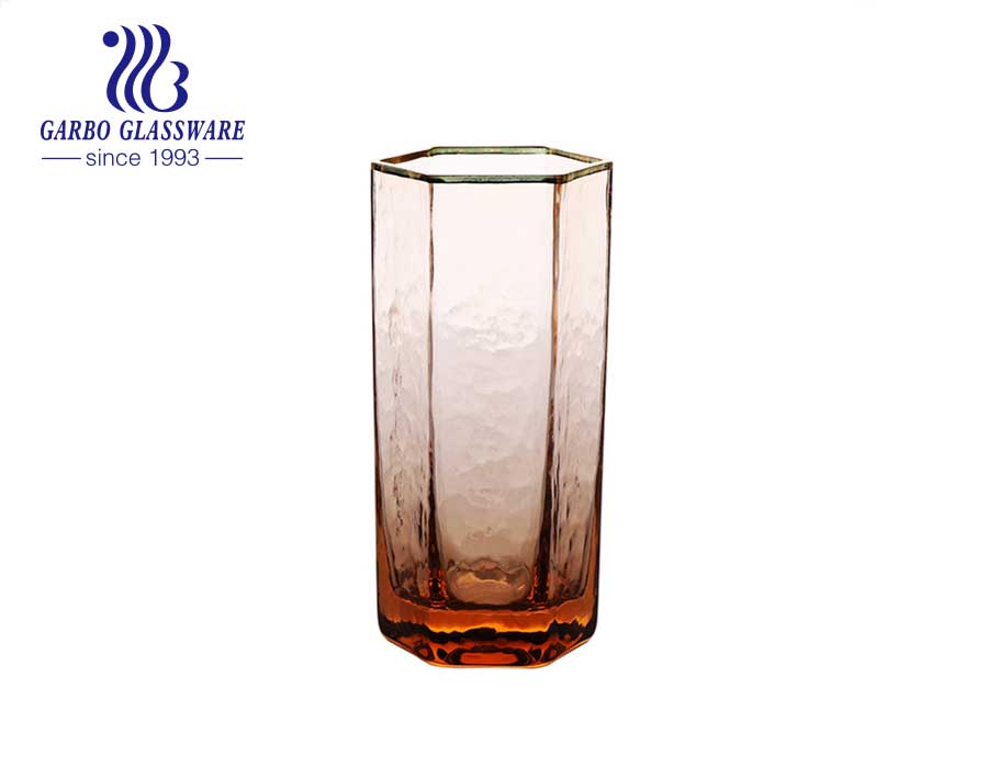 Luxury handmade blown glass tumbler tinted color hexagonal highball glass cup with gold rim