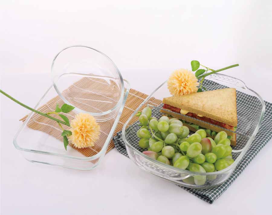オーブンで安全な長方形のホウケイ酸ガラス製のベーキングプレート/ガラス皿/ガラス製のベーキングトレイ