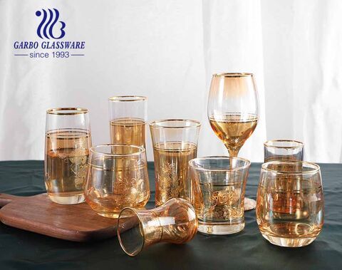 Royal style handblown golden ion-plating glassware set glass goblet cups with customized decal and goldn rim with wholesale price