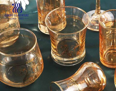 Royal style handblown golden ion-plating glassware set glass goblet cups with customized decal and goldn rim with wholesale price