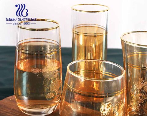 Royal style handblown golden ion-plating glassware set glass goblet cups with customized decal and goldn rim with wholesale price