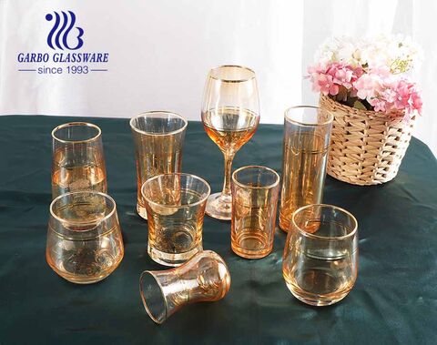 Royal style handblown golden ion-plating glassware set glass goblet cups with customized decal and goldn rim with wholesale price