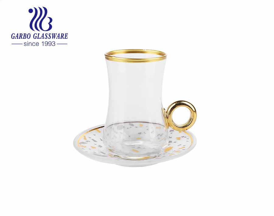 Turkish style glass tea cups with saucer gift box packaging customized decal design gold rimmed teacups with handle