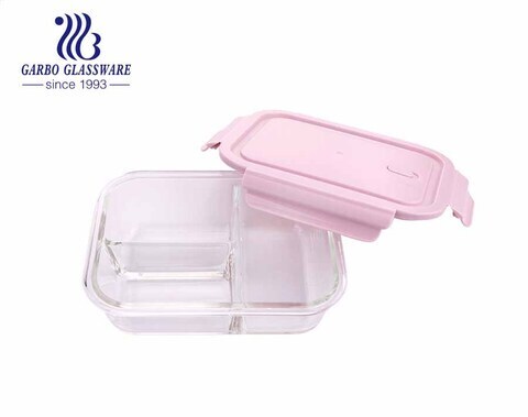 Pyrex 1L Contenitori per alimenti rettangolari in vetro con divisorio interno e coperchi con chiusura rosa