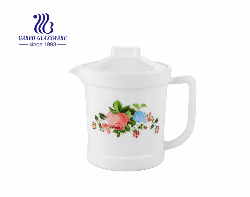 Capacity of 680ml white opal glass tea pot with customize flower design