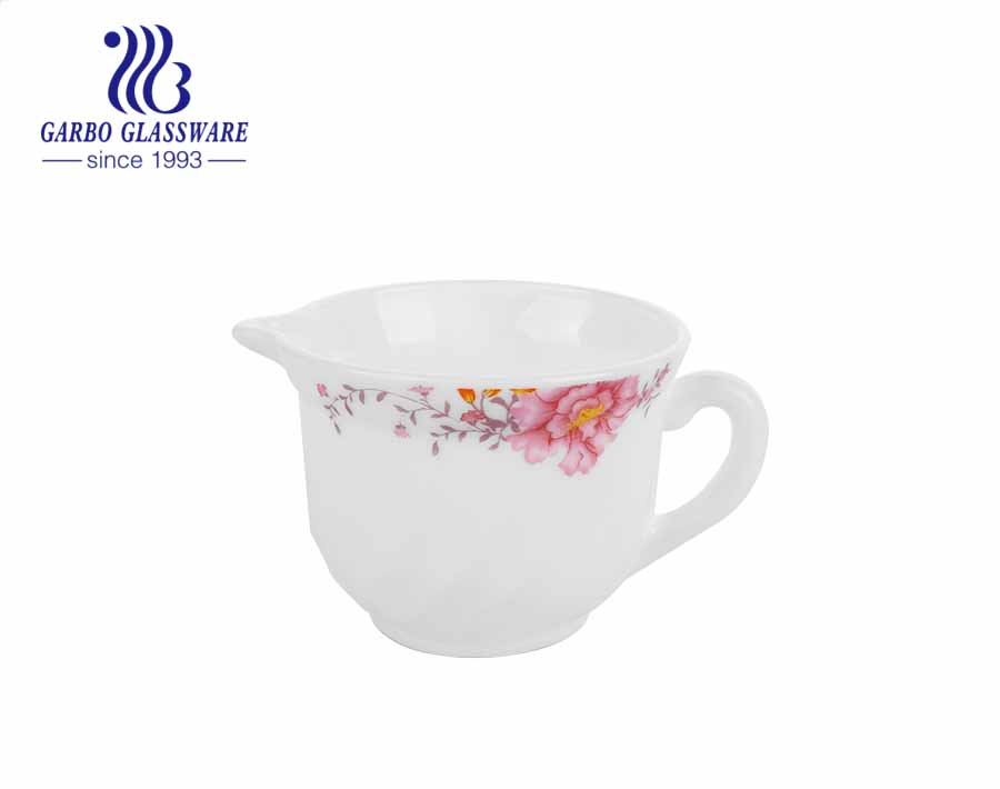 Capacity of 680ml white opal glass tea pot with customize flower design