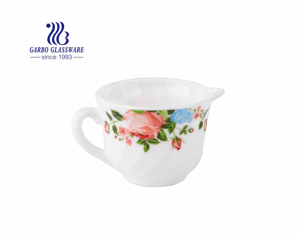 Capacity of 680ml white opal glass tea pot with customize flower design