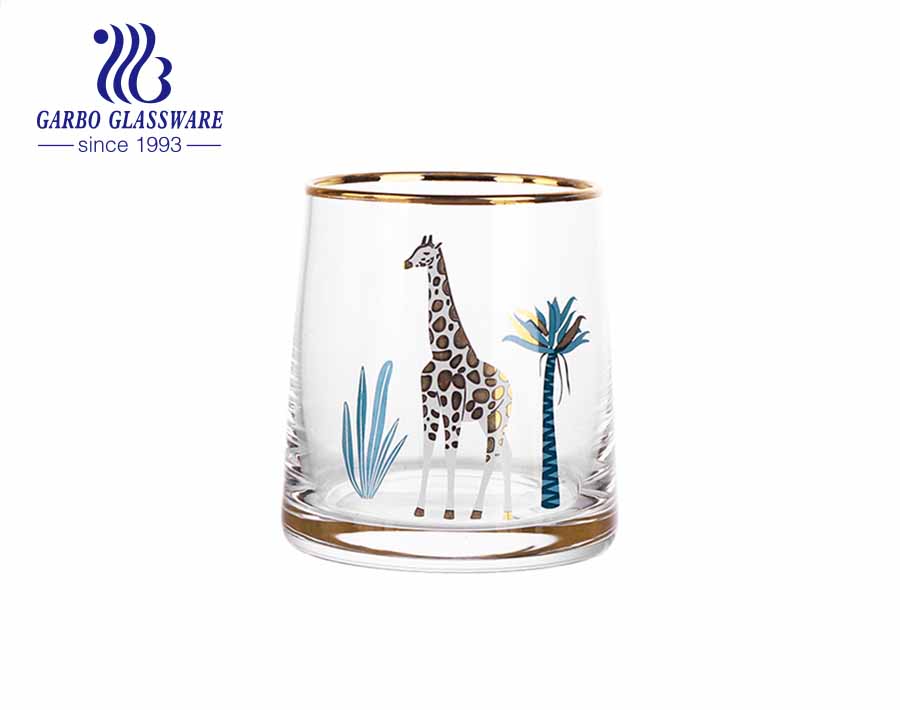 Low MOQ handmade blown glass cup juice beverage tumbler with luxury gold rim and animal painting