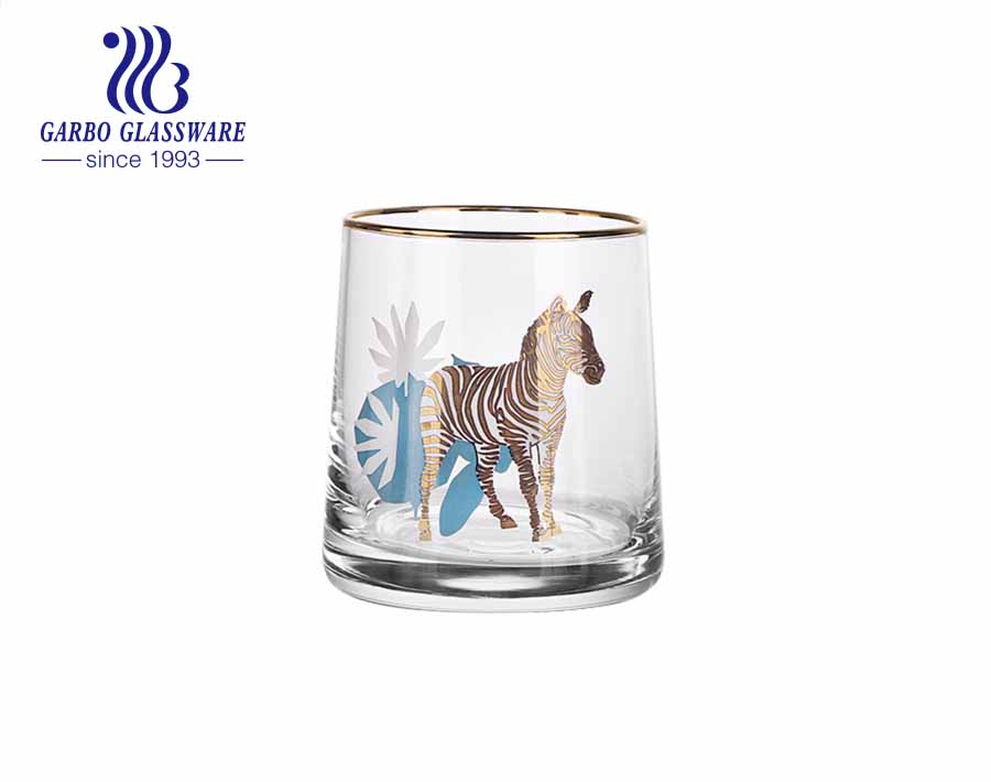 Low MOQ handmade blown glass cup juice beverage tumbler with luxury gold rim and animal painting