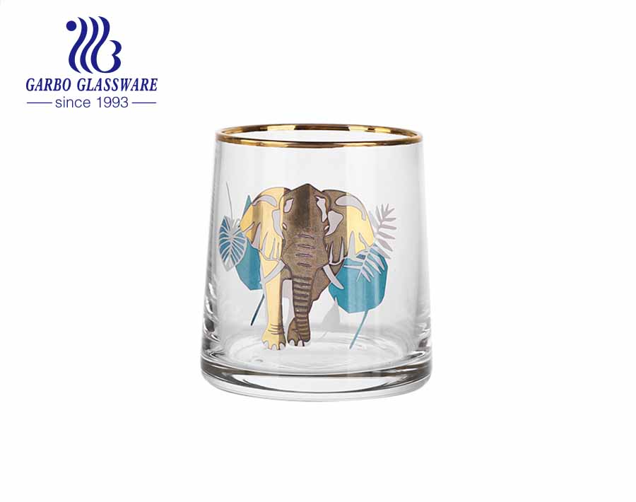 Low MOQ handmade blown glass cup juice beverage tumbler with luxury gold rim and animal painting