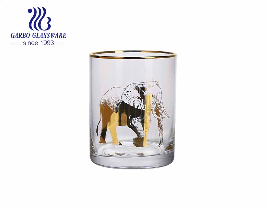 Low MOQ handmade blown glass cup juice beverage tumbler with luxury gold rim and animal painting