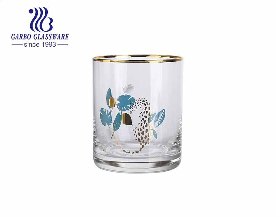 Low MOQ handmade blown glass cup juice beverage tumbler with luxury gold rim and animal painting