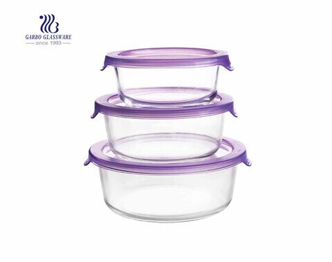 Set of 3pcs round glass food containers with simple plastic lids