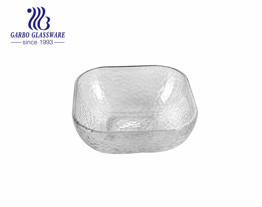 High-end transparent popular hammer pattern square glass bowl fruit vegetable dessert bowl with smooth inside