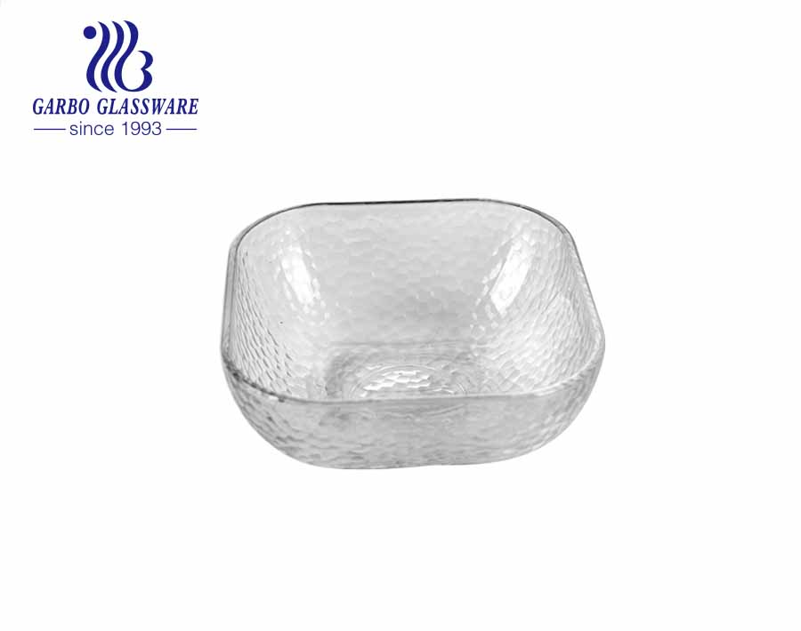 High-End transparente beliebte beliebte Hammer Muster quadratische Glasschale Obst Gemüse Dessertschale mit glatten Innenseite