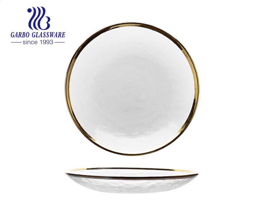 6.18 inch transparent glass salad plate with gold rim