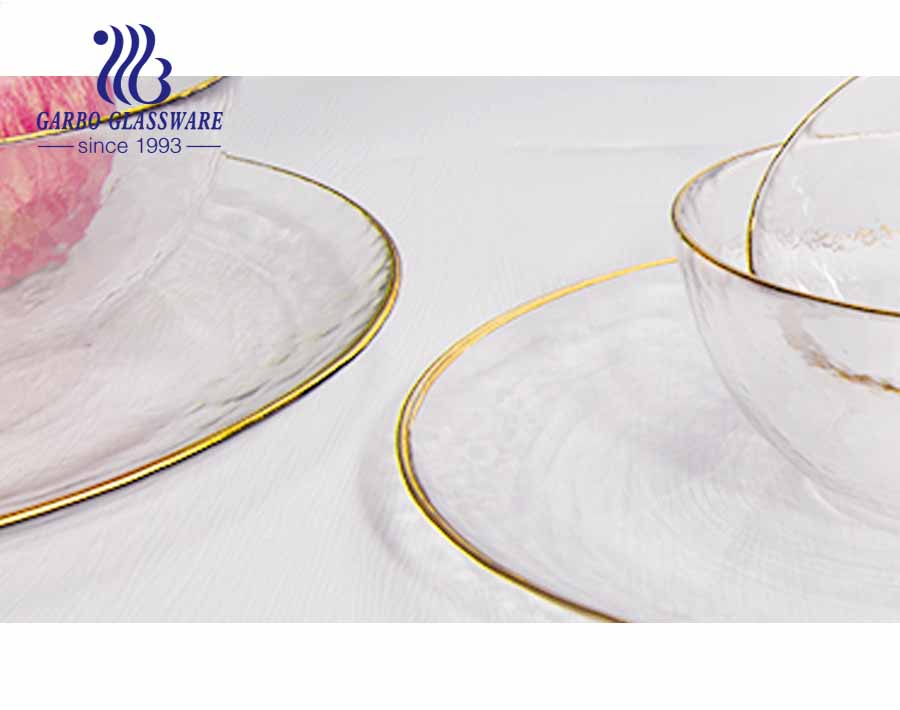 6.18 inch transparent glass salad plate with gold rim