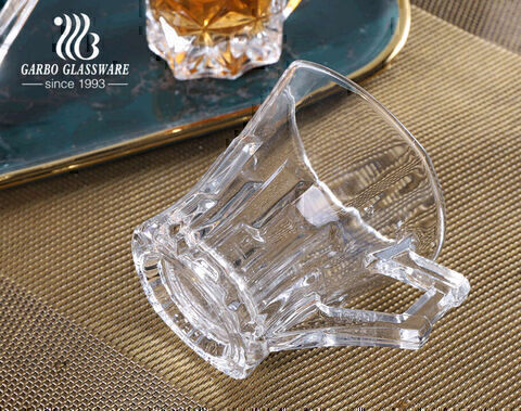 High quality engraved glass tea mugs 5oz square glasses with unique handle 