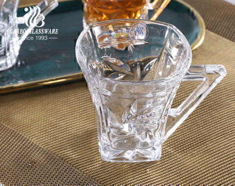 High quality engraved glass tea mugs 5oz square glasses with unique handle 