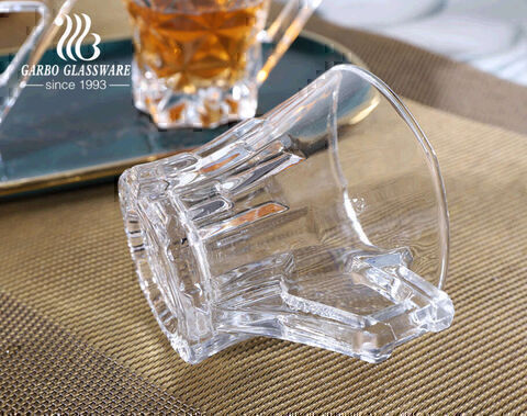 High quality engraved glass tea mugs 5oz square glasses with unique handle 