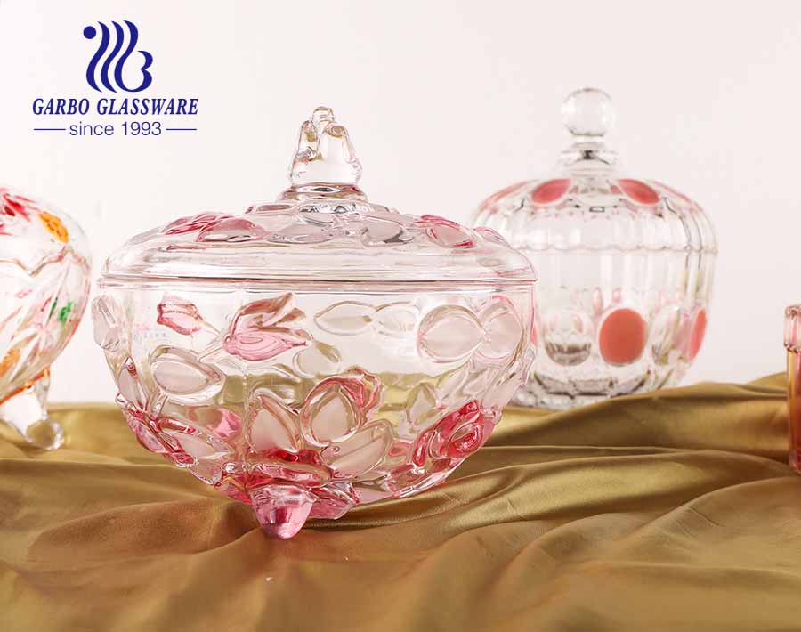 6.2 in PK Hot Sell Decorative Candy Bowl with Pink Rose Design and Lid