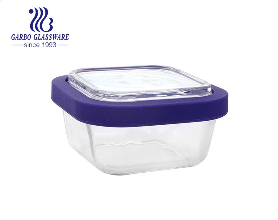 Stock tempered glass food containers 300 ml with silicone sealed lids