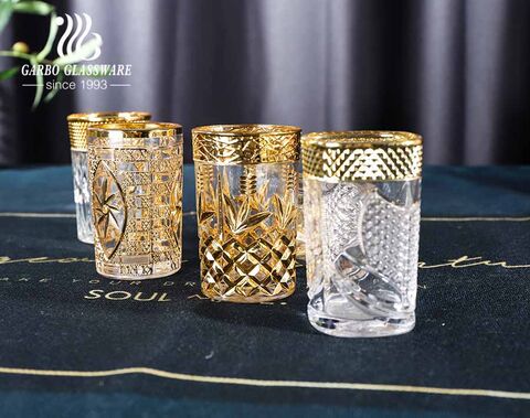 Central Asian markets engraved glass cups with electroplated color gold for tea serving