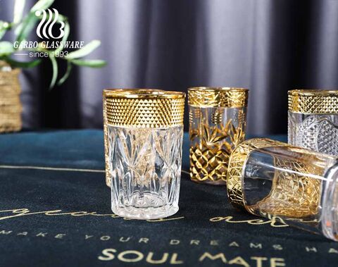 Central Asian markets engraved glass cups with electroplated color gold for tea serving