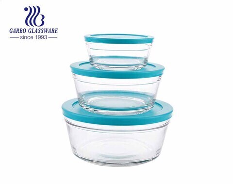 Conjunto de tigela de salada de sobremesa com 3 unidades de vidro para geladeira com tampa azul para uso doméstico na cozinha