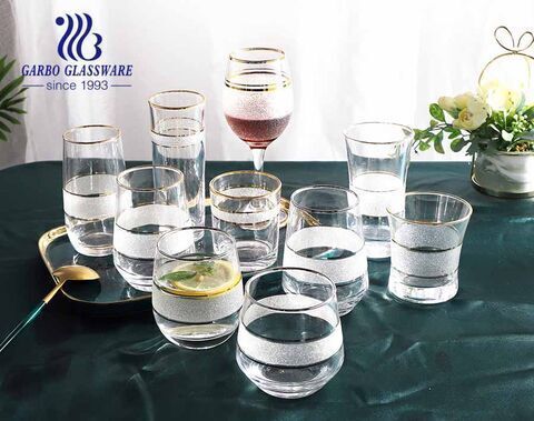 High-quality transparent glass water wine drinking glassware set with golden silver rim frosted design for hotel use