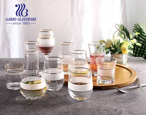 High-quality transparent glass water wine drinking glassware set with golden silver rim frosted design for hotel use