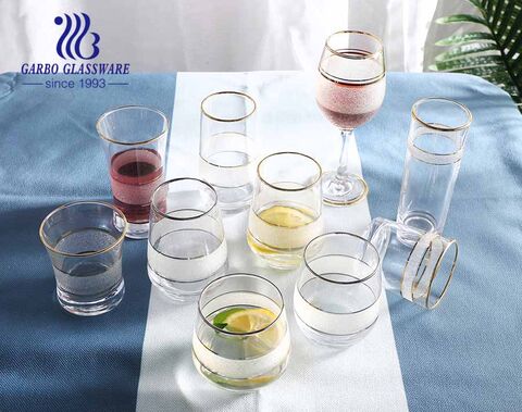 High-quality transparent glass water wine drinking glassware set with golden silver rim frosted design for hotel use