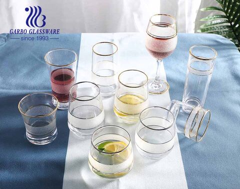 High-quality transparent glass water wine drinking glassware set with  golden silver rim frosted design