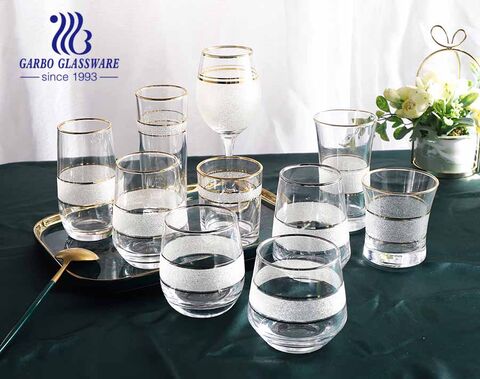 High-quality transparent glass water wine drinking glassware set with golden silver rim frosted design for hotel use