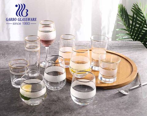 High-quality transparent glass water wine drinking glassware set with golden silver rim frosted design for hotel use
