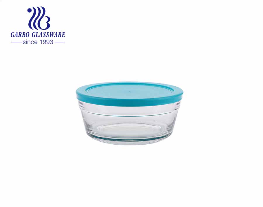 Conjunto de tigela de salada de sobremesa com 3 unidades de vidro para geladeira com tampa azul para uso doméstico na cozinha