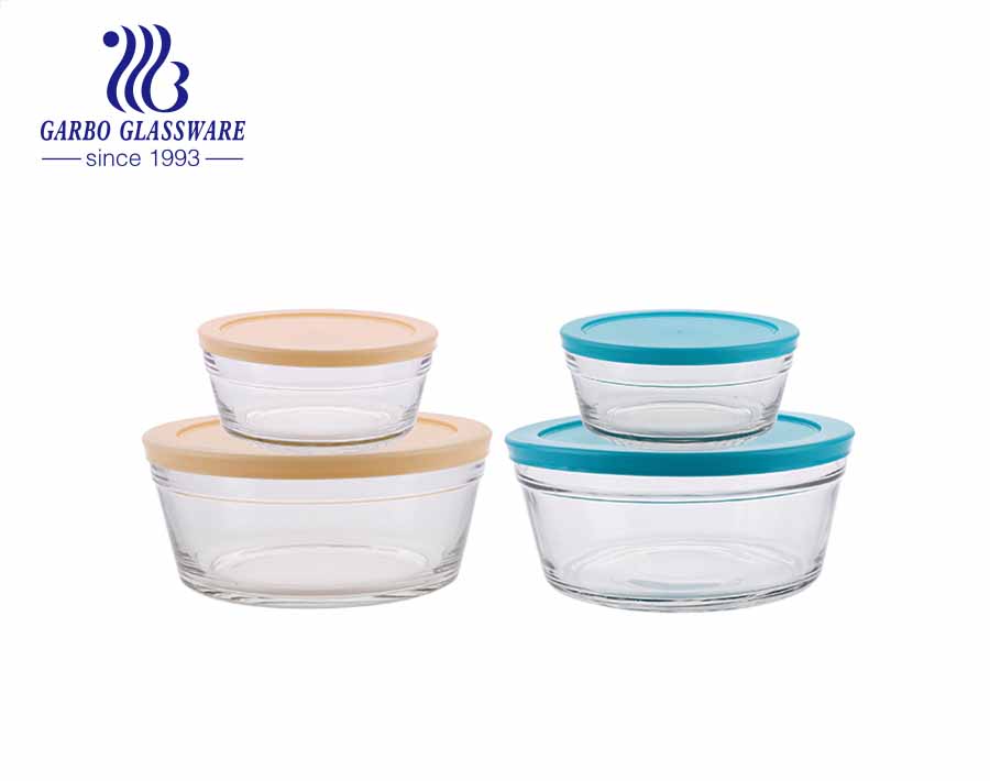 Conjunto de tigela de salada de sobremesa com 3 unidades de vidro para geladeira com tampa azul para uso doméstico na cozinha