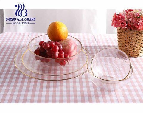 5 pouces 380 ml Élégant plat de bonbons en verre à dépression fait à la main et assiette de fruits en verre transparent avec bouche série de jantes en or