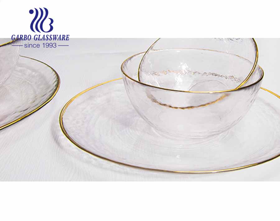 5 polegadas 380 ml prato de doces feito à mão elegante de vidro com depressão e prato de frutas de vidro transparente com borda de ouro série