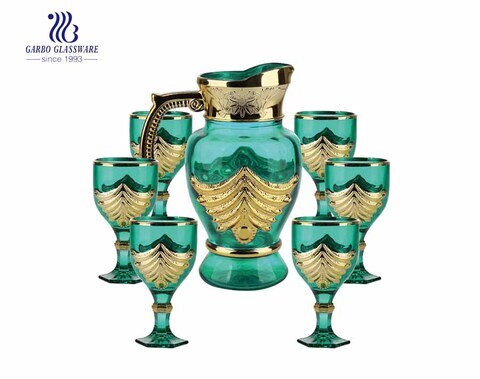 Vintage green glass water drinking jug set with golden pattern design in African style