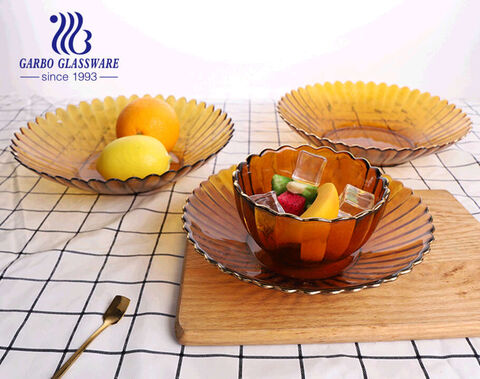 طبق فاكهة زجاجي مصنوع يدويًا بحجم 10 بوصة بلون كهرماني صلب وبسيط بتصميم اللوتس مع حافة ذهبية