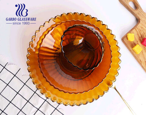 10 inch handmade solid amber color simple lotus design glass fruit plate with gold rim