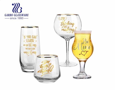 VIP-Lounge-Kabine First Class Luxus-Glasbecher und Gin-Glas-Set mit individuellem Aufkleber und goldenem Rand